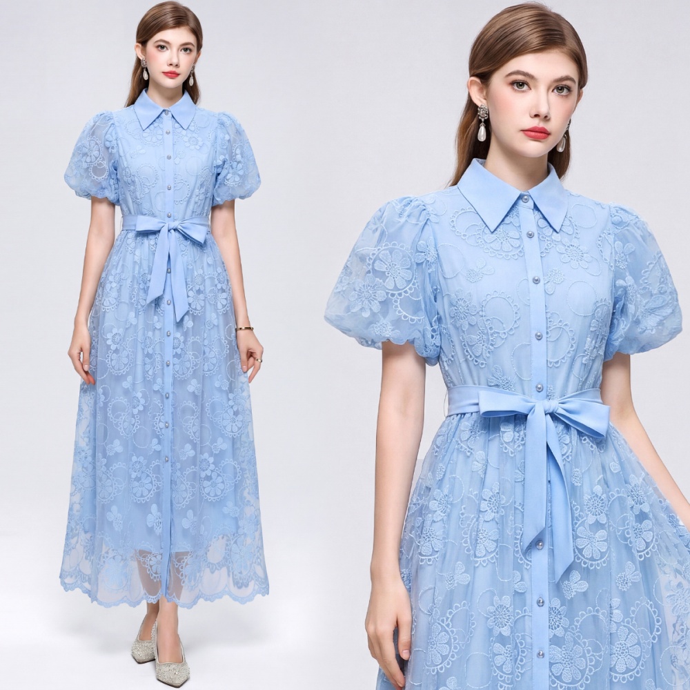 France style lantern sleeve lace A-line pinched waist dress