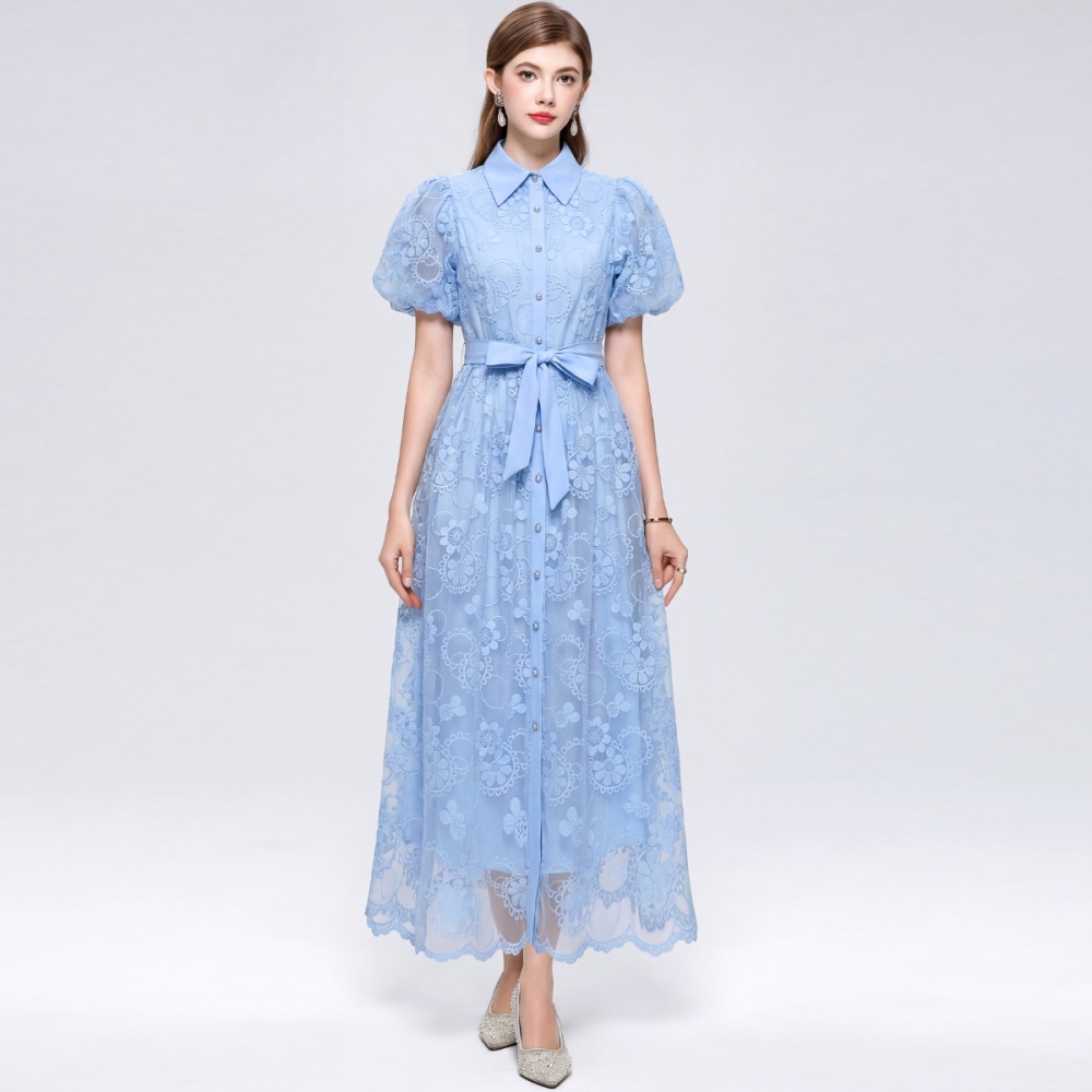 France style lantern sleeve lace A-line pinched waist dress