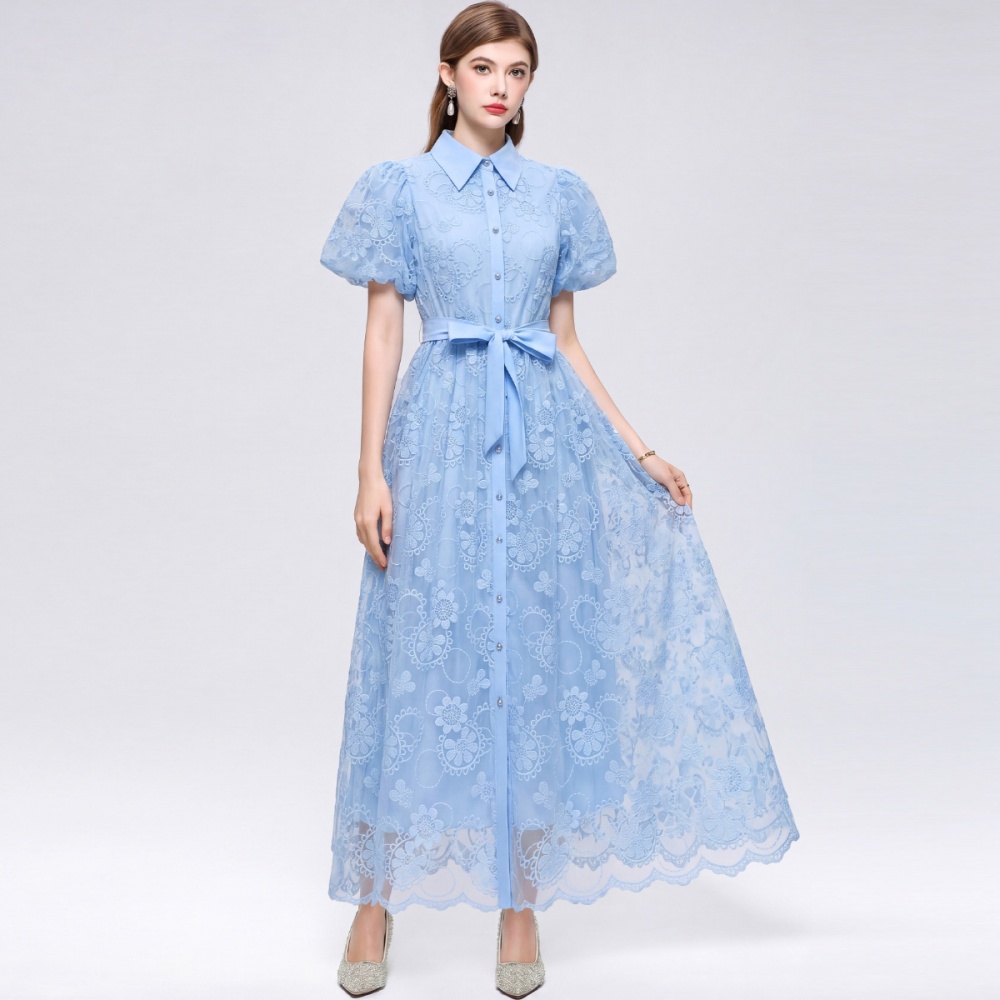 France style lantern sleeve lace A-line pinched waist dress