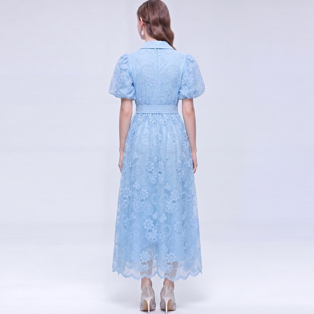 France style lantern sleeve lace A-line pinched waist dress