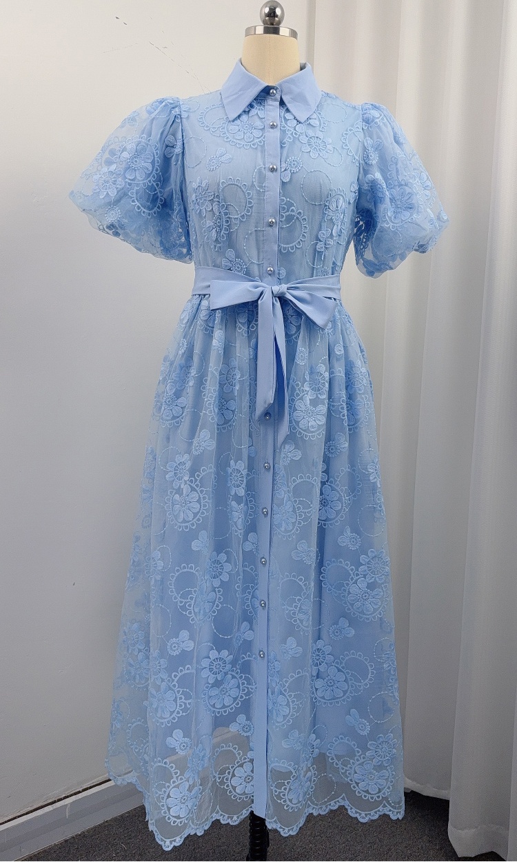 France style lantern sleeve lace A-line pinched waist dress