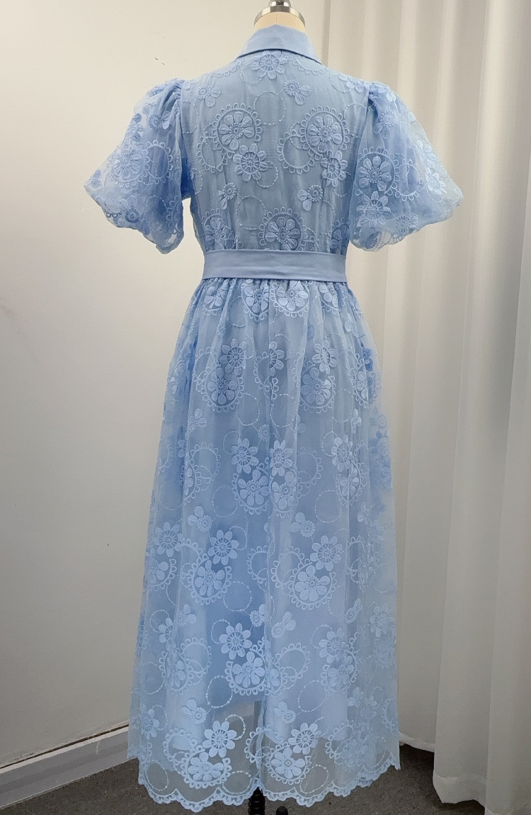France style lantern sleeve lace A-line pinched waist dress