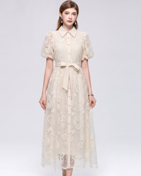 Embroidery frenum A-line big skirt France style slim dress