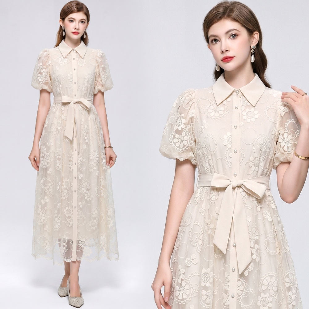 Embroidery frenum A-line big skirt France style slim dress