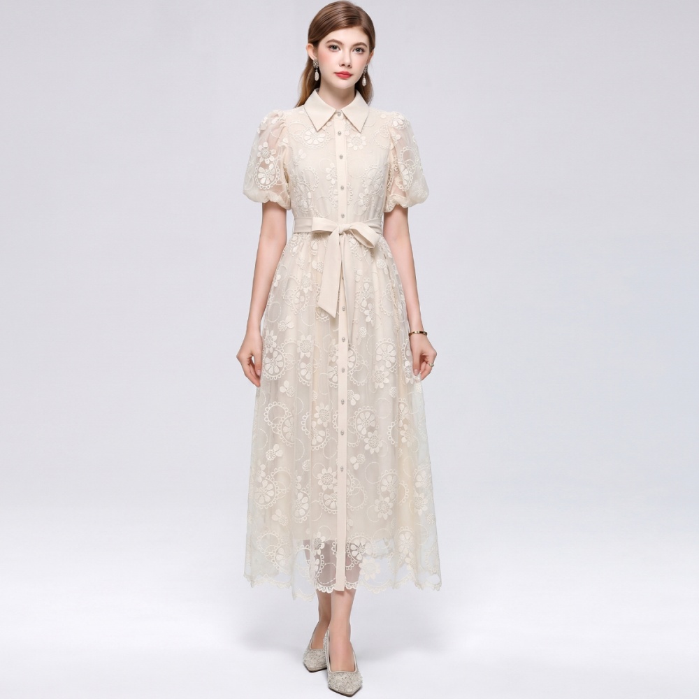 Embroidery frenum A-line big skirt France style slim dress