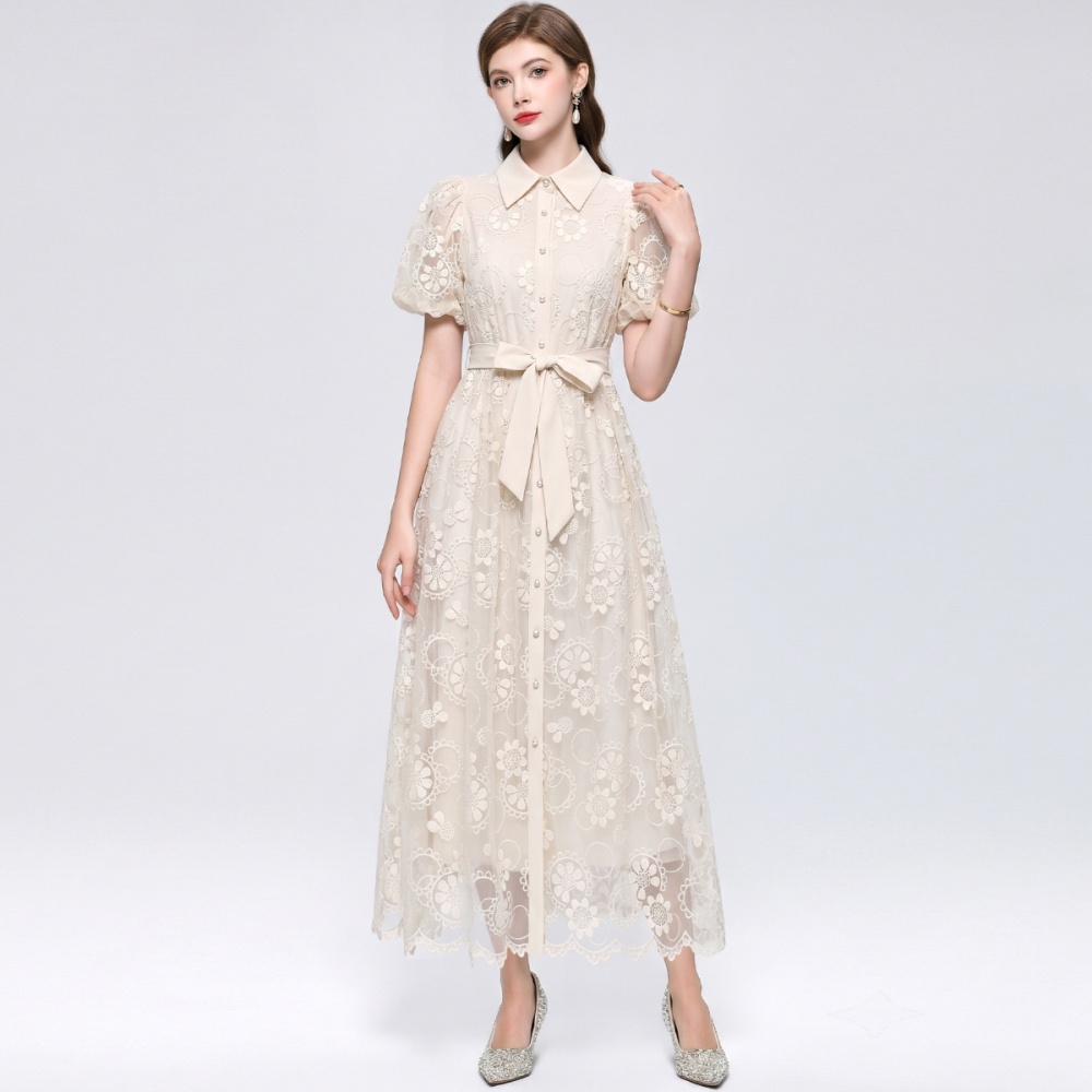 Embroidery frenum A-line big skirt France style slim dress