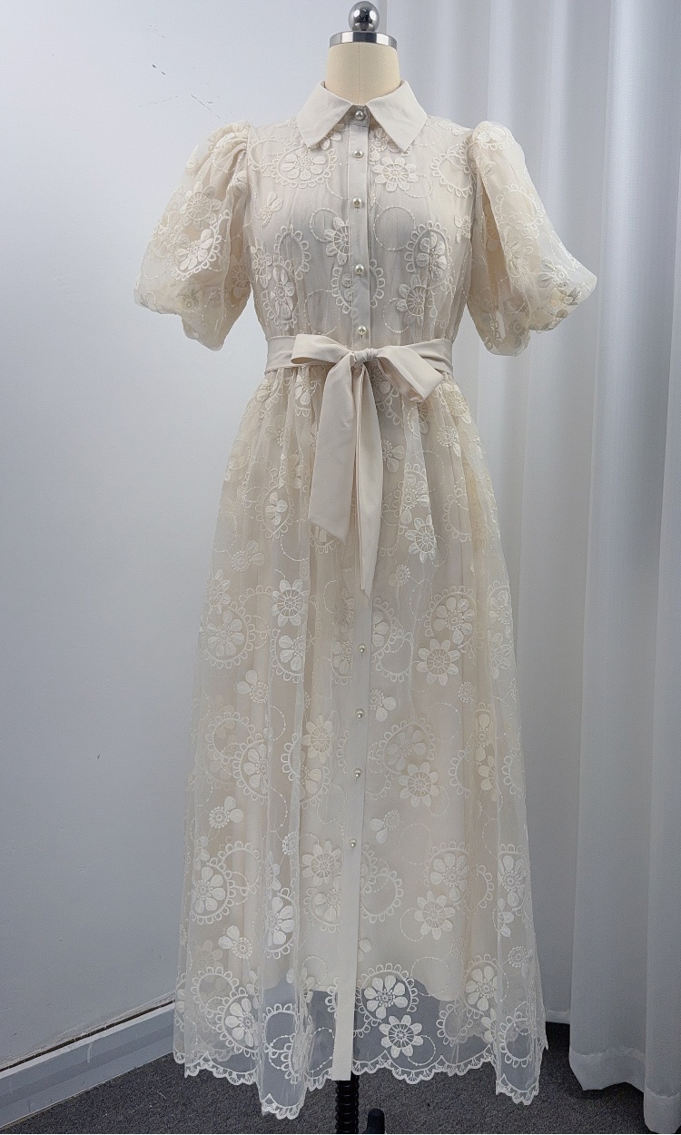 Embroidery frenum A-line big skirt France style slim dress