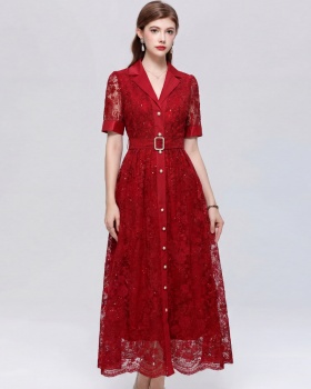 France style short sleeve long dress pinched waist dress