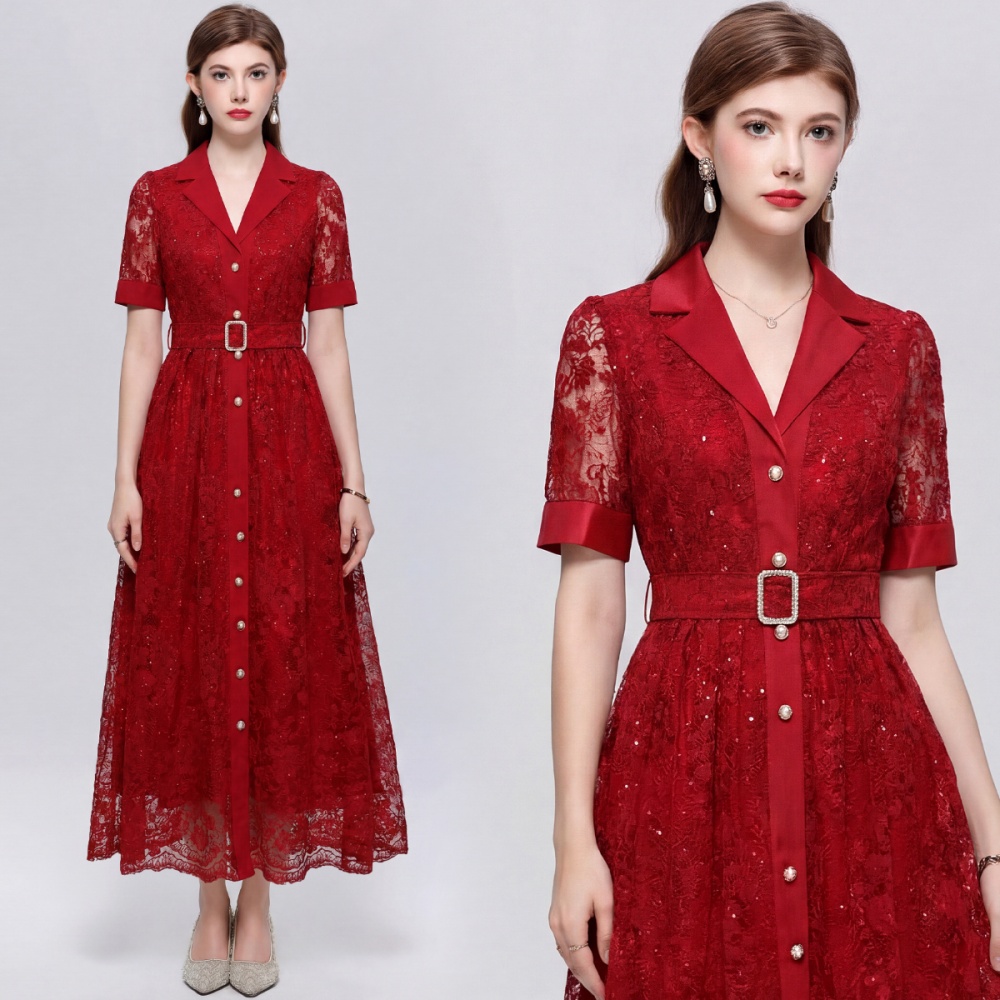France style short sleeve long dress pinched waist dress