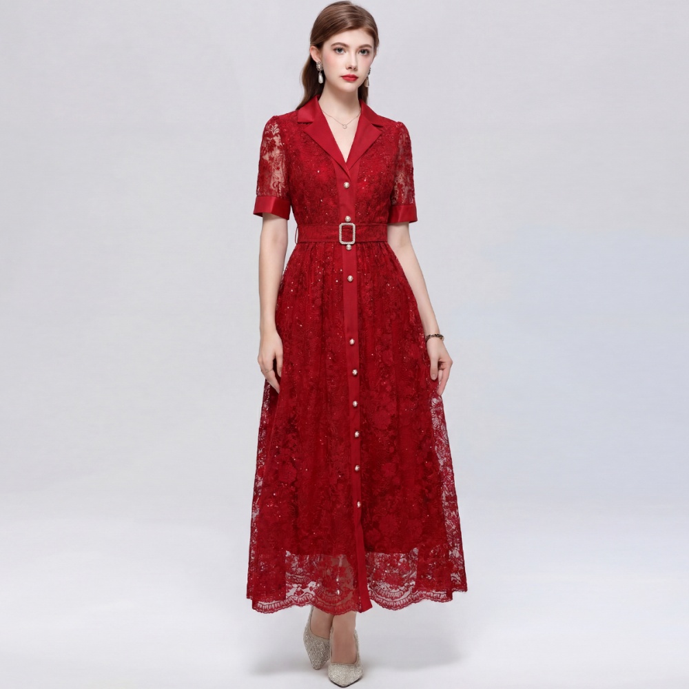 France style short sleeve long dress pinched waist dress