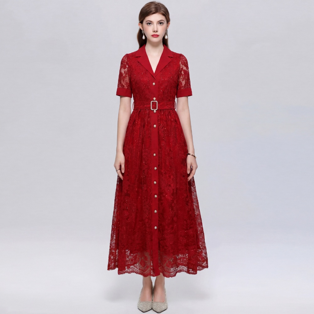 France style short sleeve long dress pinched waist dress