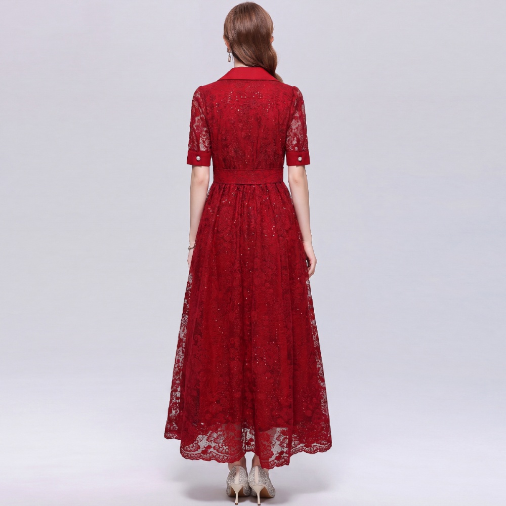 France style short sleeve long dress pinched waist dress