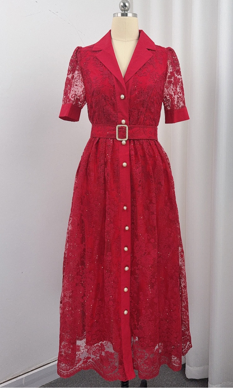 France style short sleeve long dress pinched waist dress