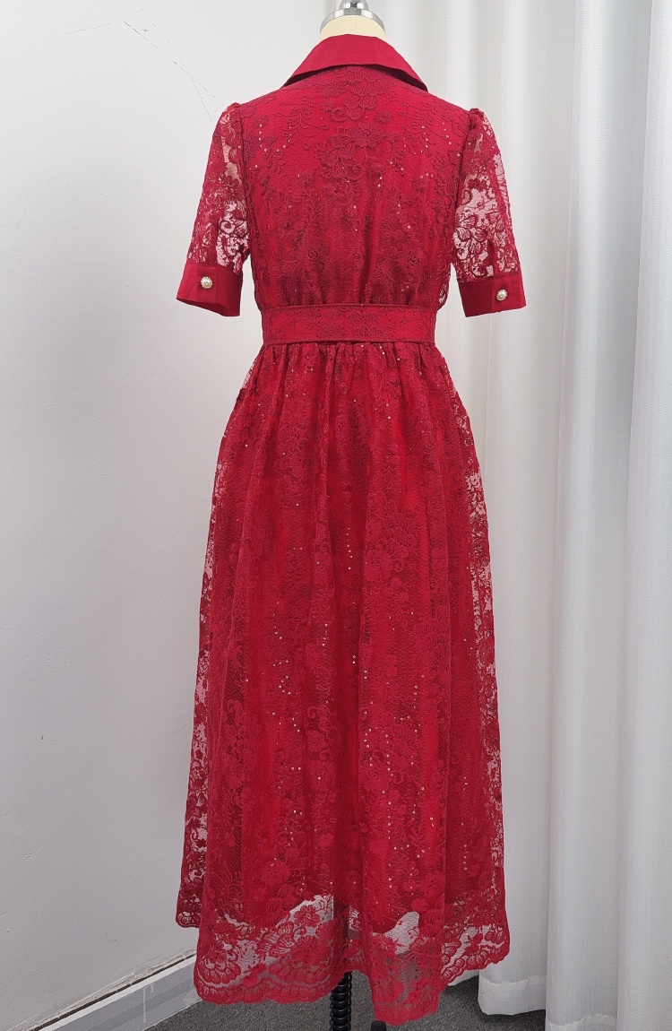 France style short sleeve long dress pinched waist dress