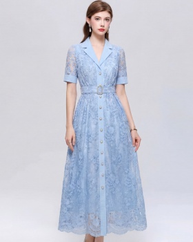 With belt light luxury A-line long dress lace slim dress