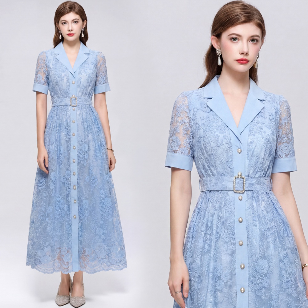 With belt light luxury A-line long dress lace slim dress