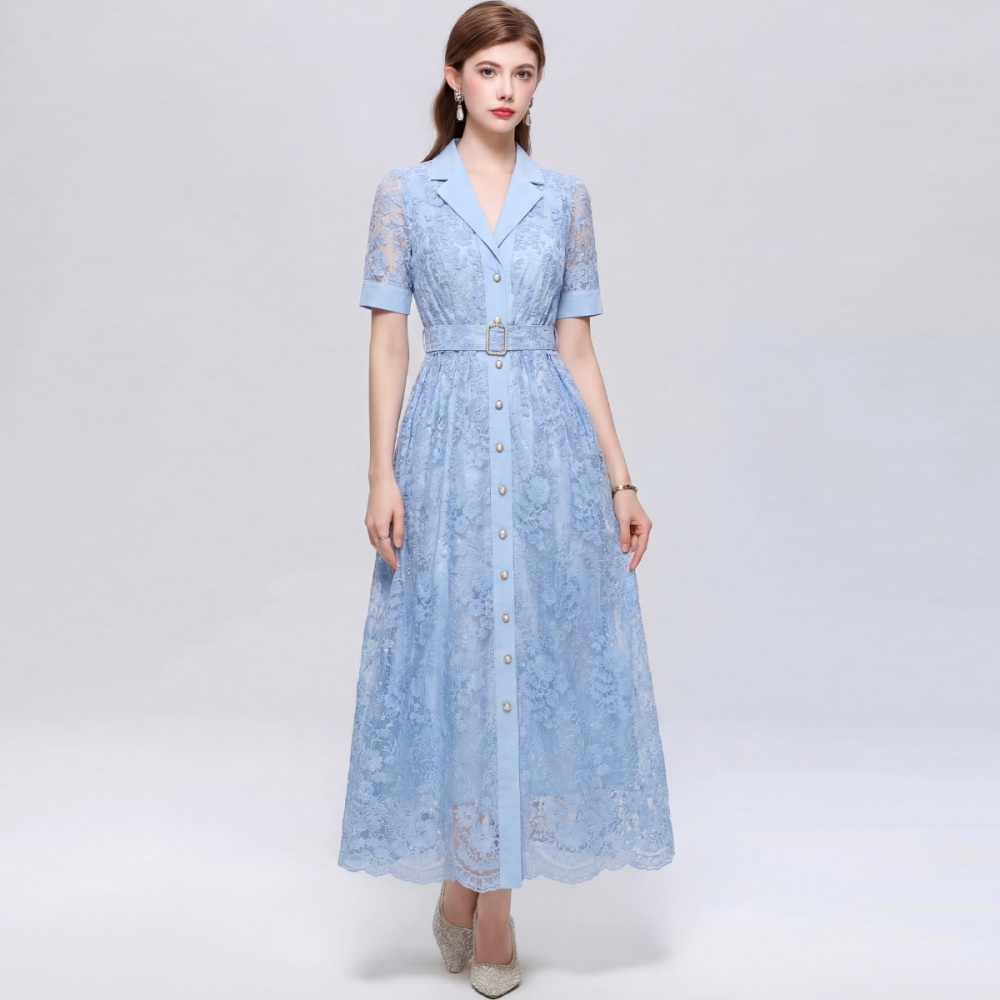 With belt light luxury A-line long dress lace slim dress
