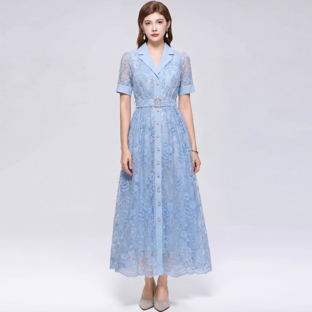 With belt light luxury A-line long dress lace slim dress