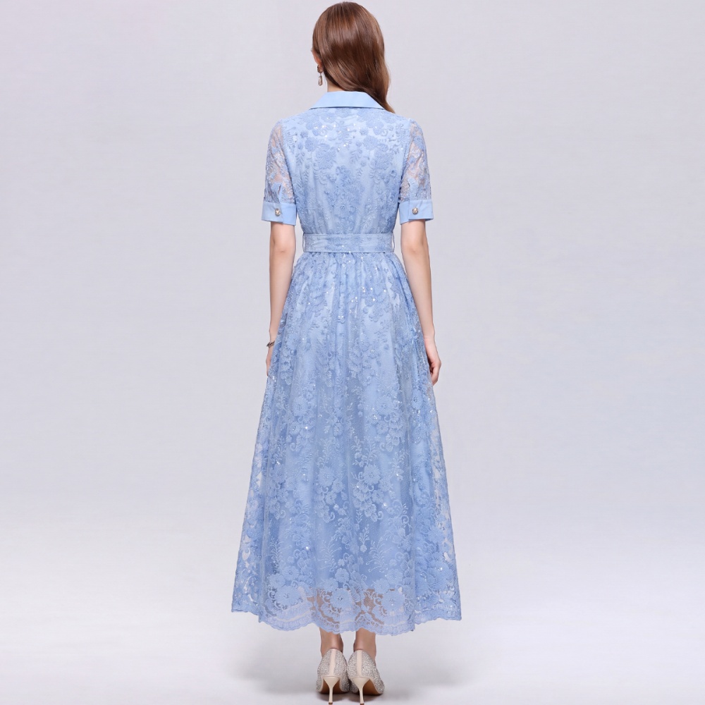 With belt light luxury A-line long dress lace slim dress