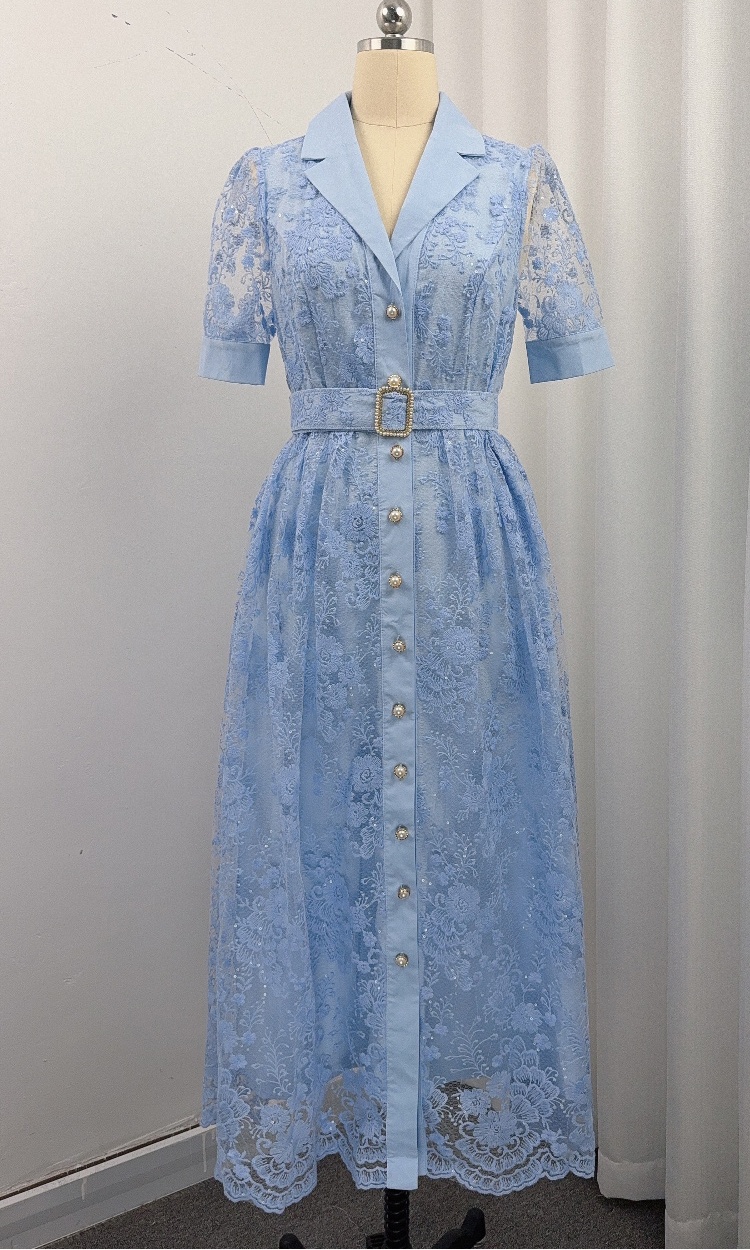 With belt light luxury A-line long dress lace slim dress