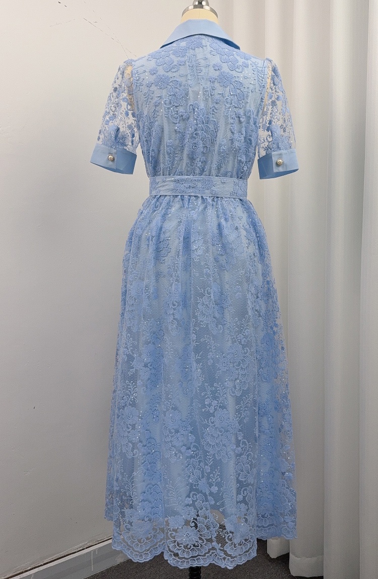 With belt light luxury A-line long dress lace slim dress