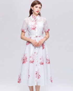 Temperament printing dress shirt collar long dress