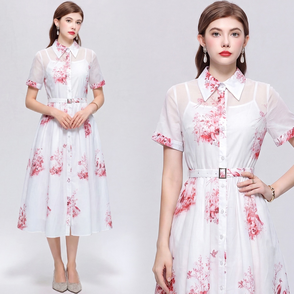 Temperament printing dress shirt collar long dress