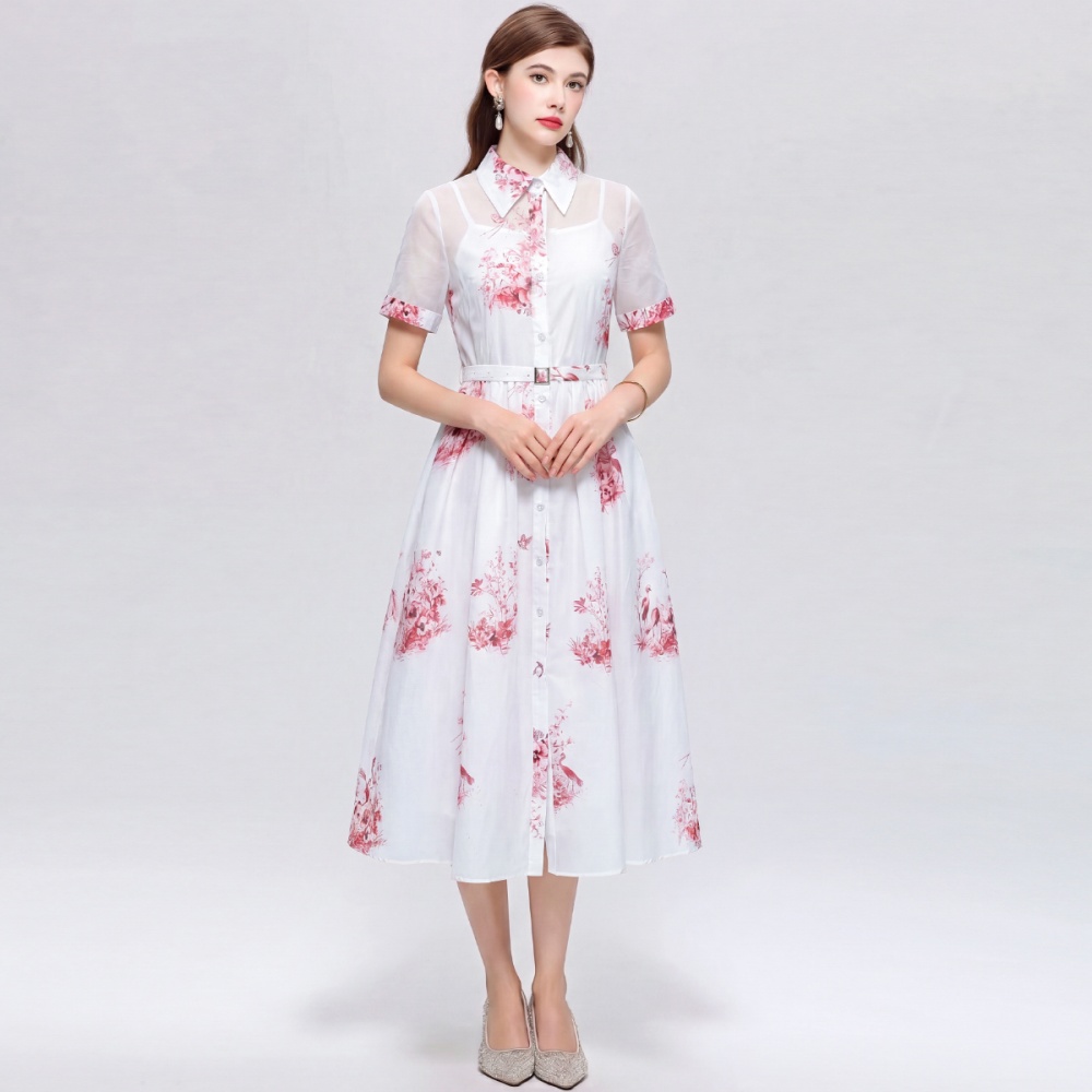 Temperament printing dress shirt collar long dress