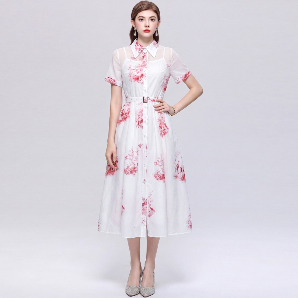 Temperament printing dress shirt collar long dress
