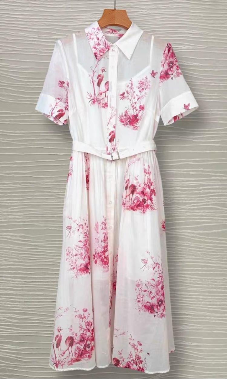 Temperament printing dress shirt collar long dress