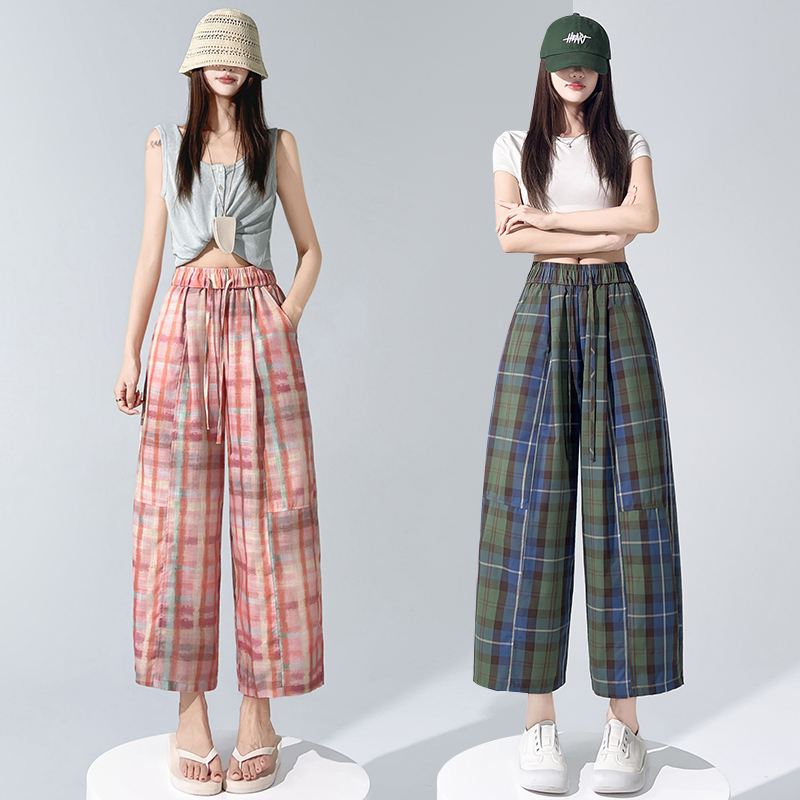 Thin printing Casual plaid wide leg pants for women