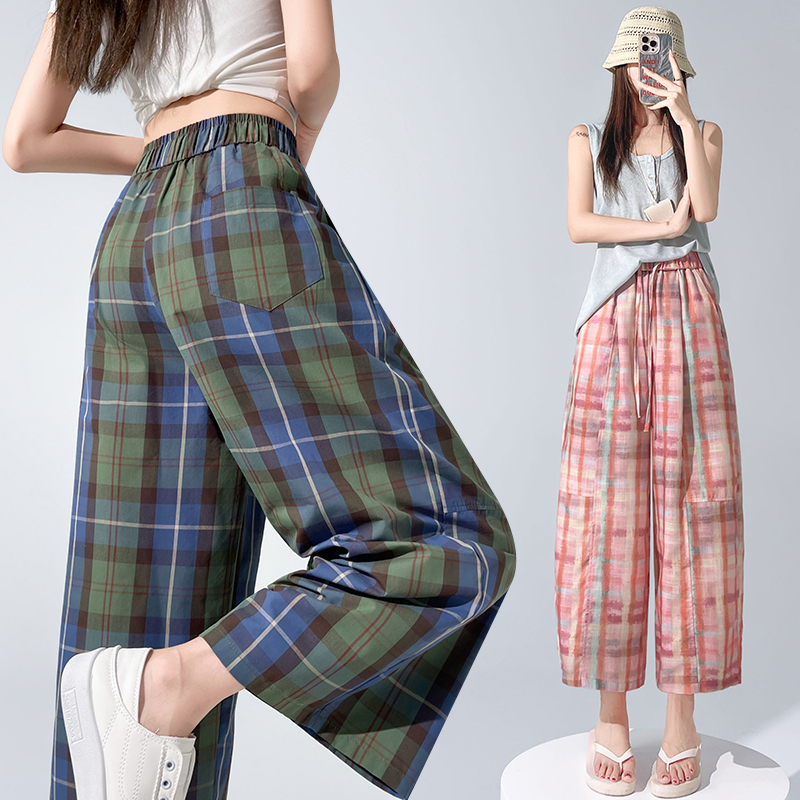 Thin printing Casual plaid wide leg pants for women