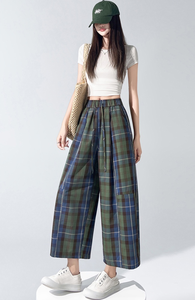 Thin printing Casual plaid wide leg pants for women