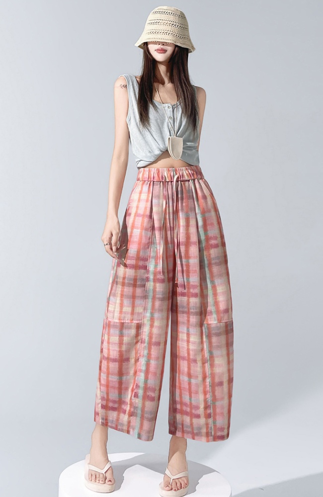 Thin printing Casual plaid wide leg pants for women
