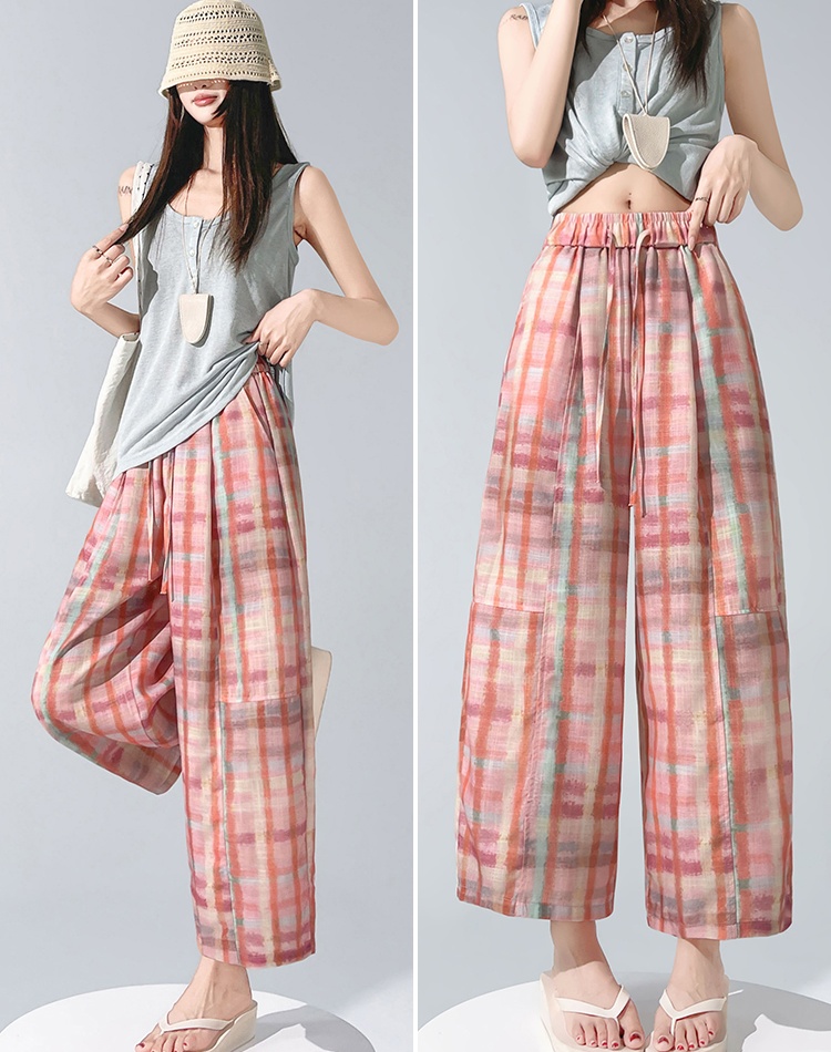 Thin printing Casual plaid wide leg pants for women