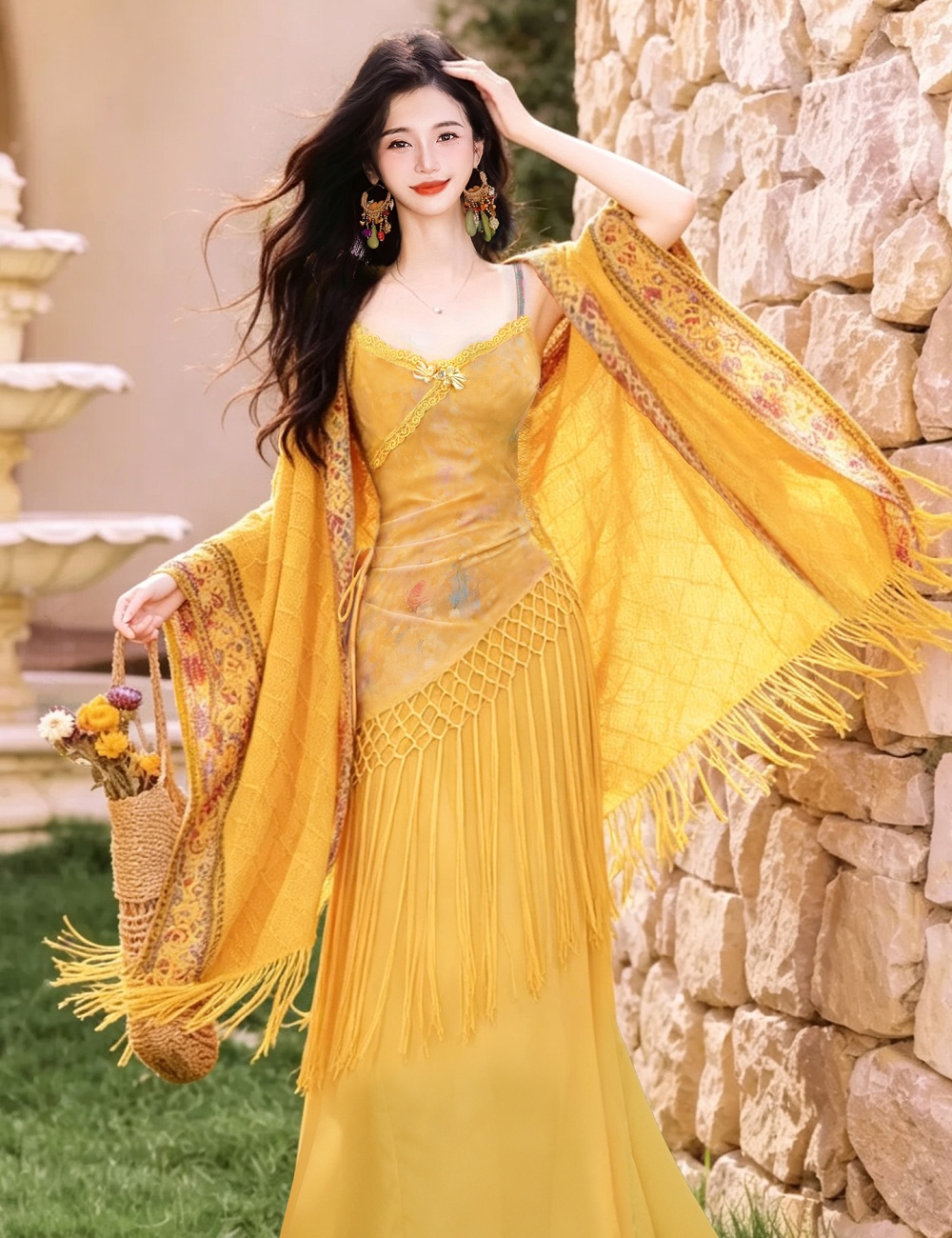 Collocation sling dress vacation shawl 2pcs set