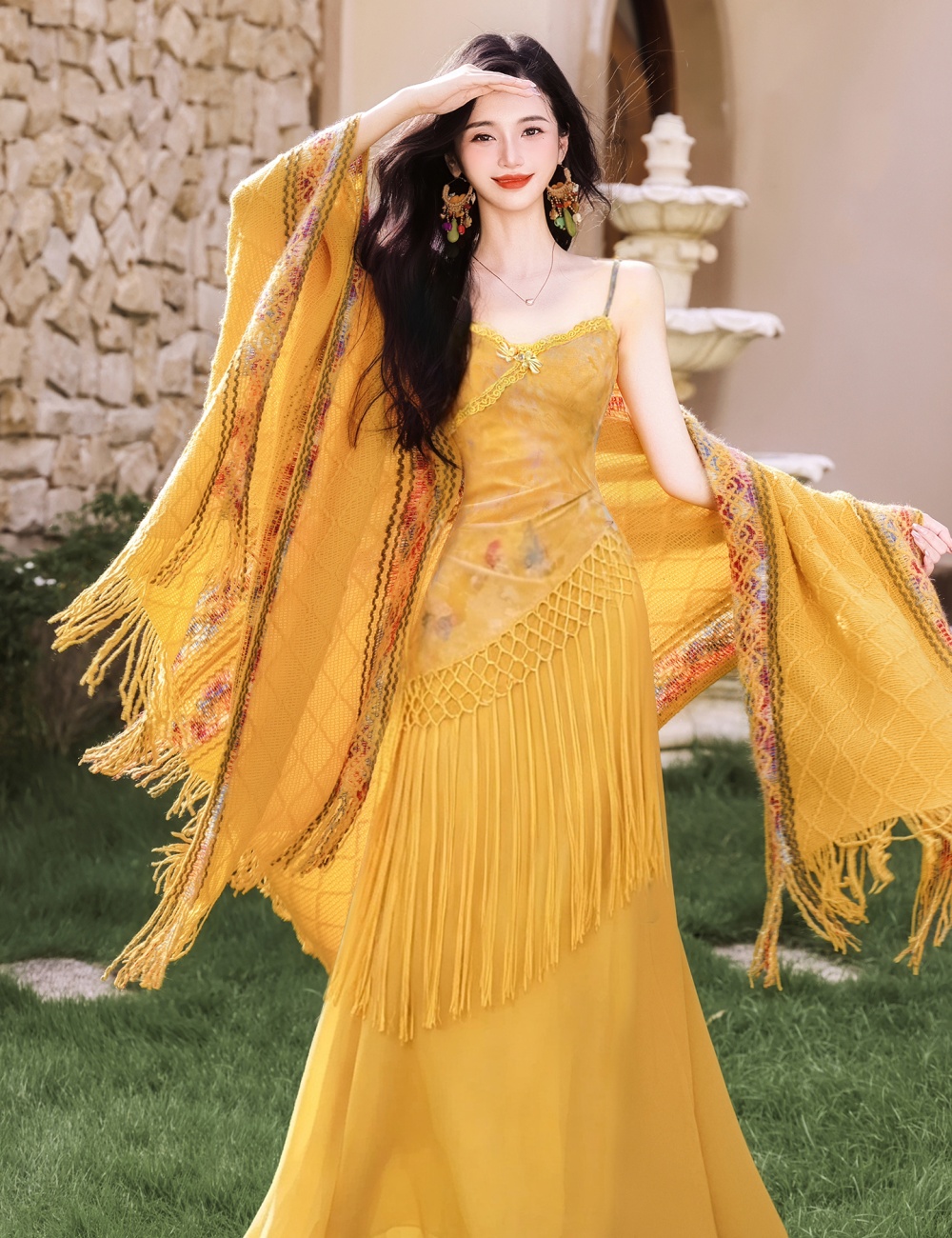 Collocation sling dress vacation shawl 2pcs set