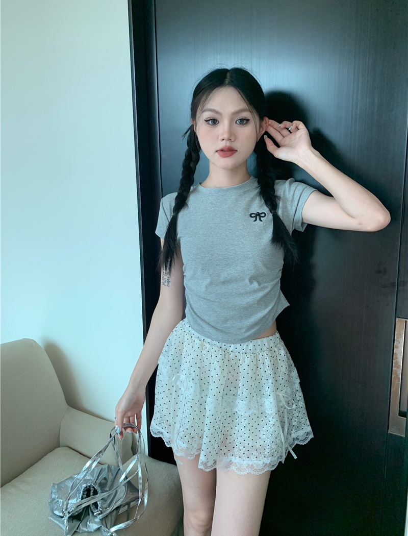 Pinched waist butterfly summer embroidery short T-shirt