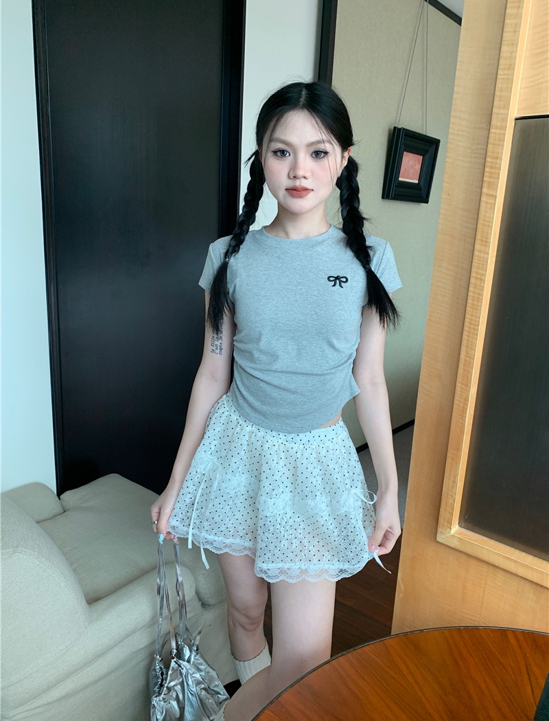 Pinched waist butterfly summer embroidery short T-shirt