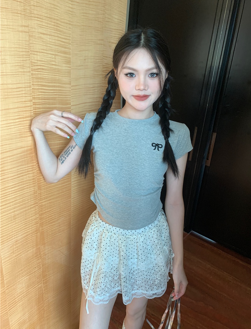 Pinched waist butterfly summer embroidery short T-shirt