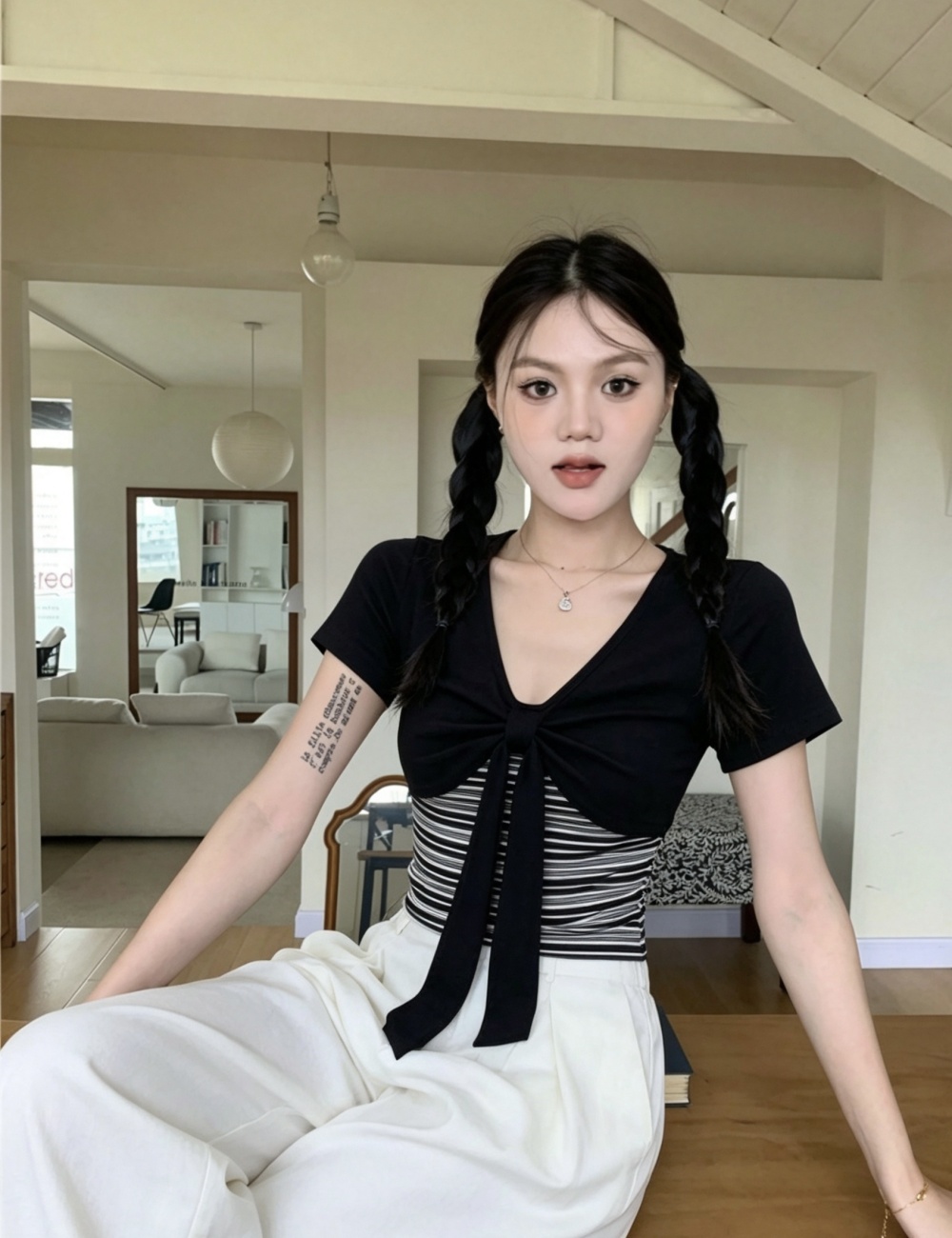 Pseudo-two bandage short sleeve T-shirt for women