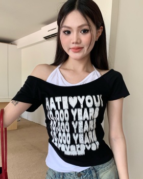 Halter American style retro strapless letters T-shirt