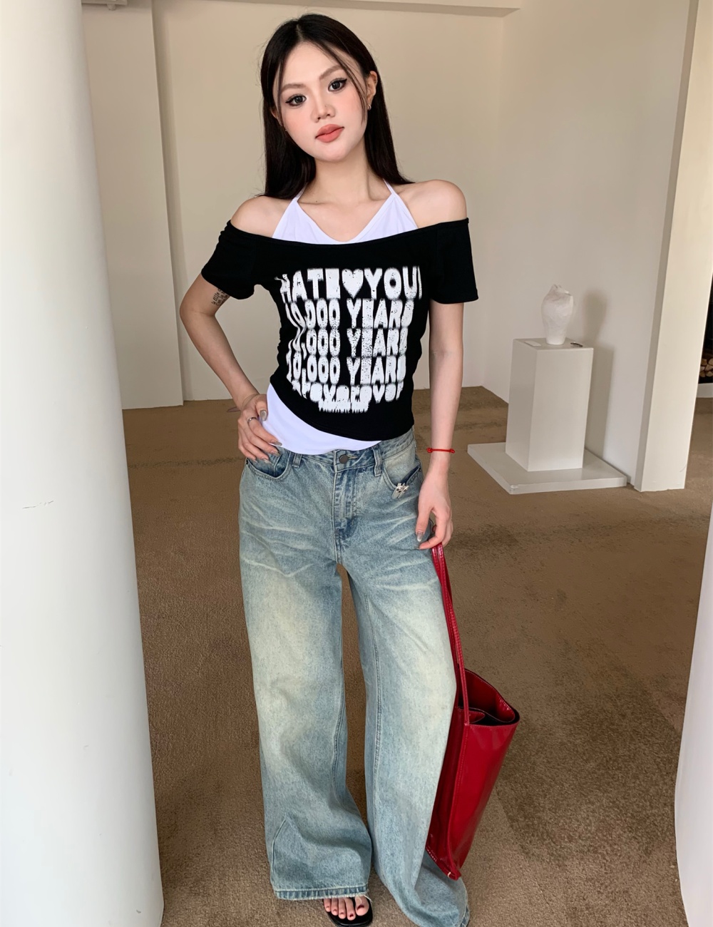 Halter American style retro strapless letters T-shirt