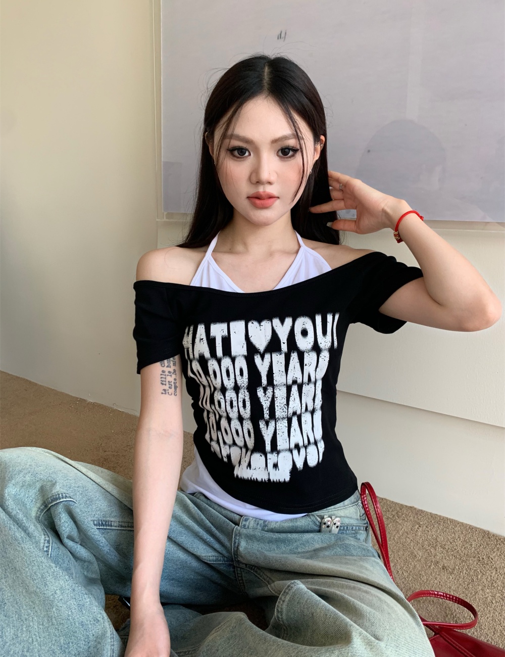 Halter American style retro strapless letters T-shirt