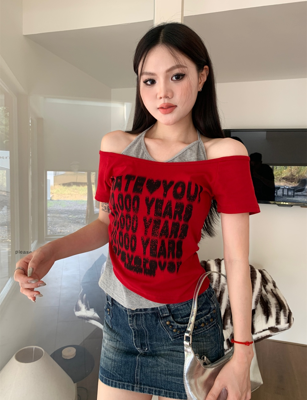 Halter American style retro strapless letters T-shirt