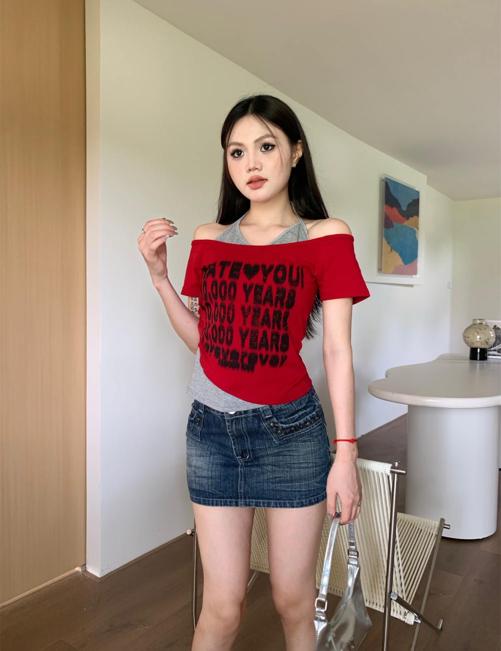 Halter American style retro strapless letters T-shirt
