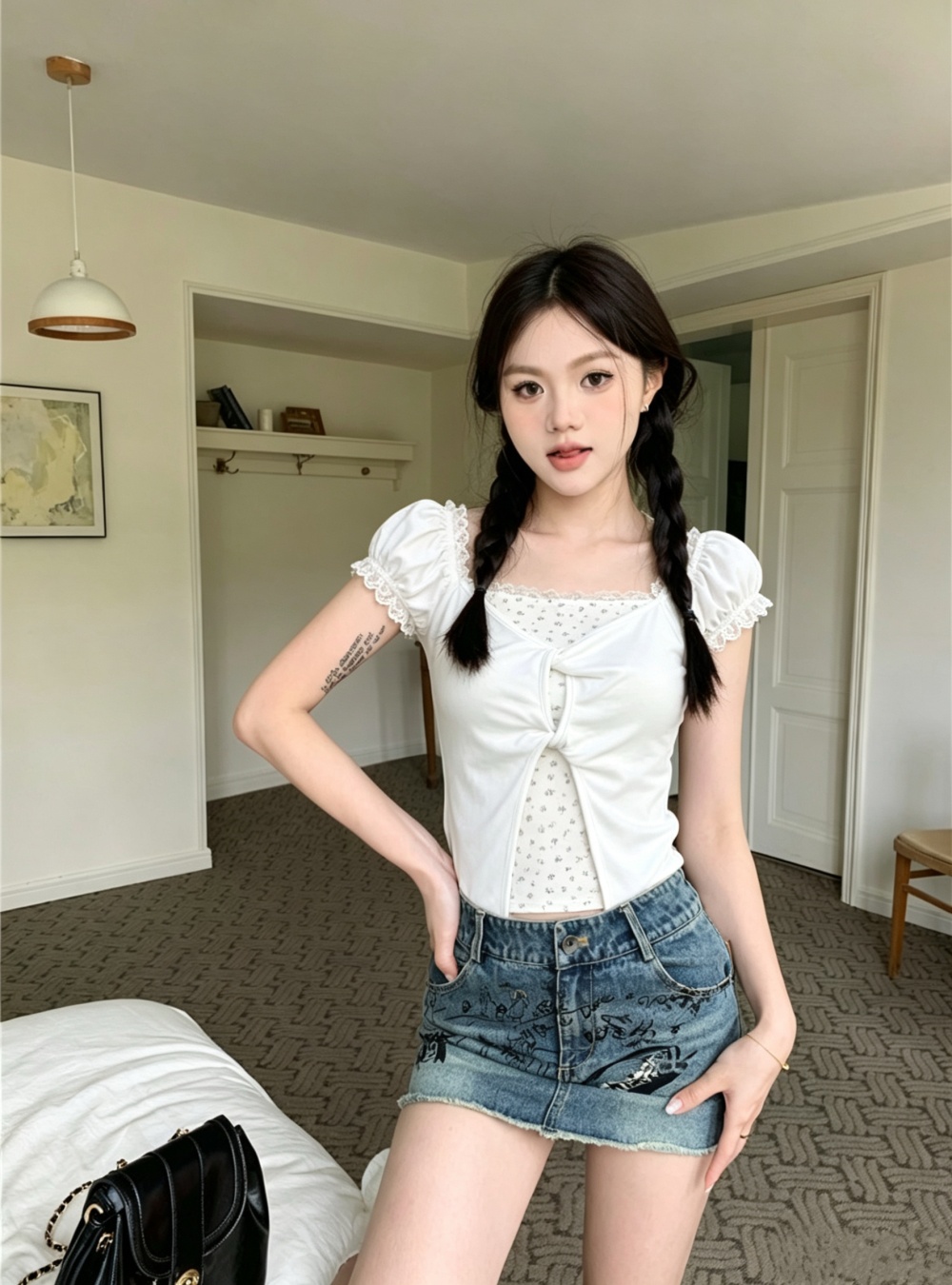 Short summer tops floral lace T-shirt for women