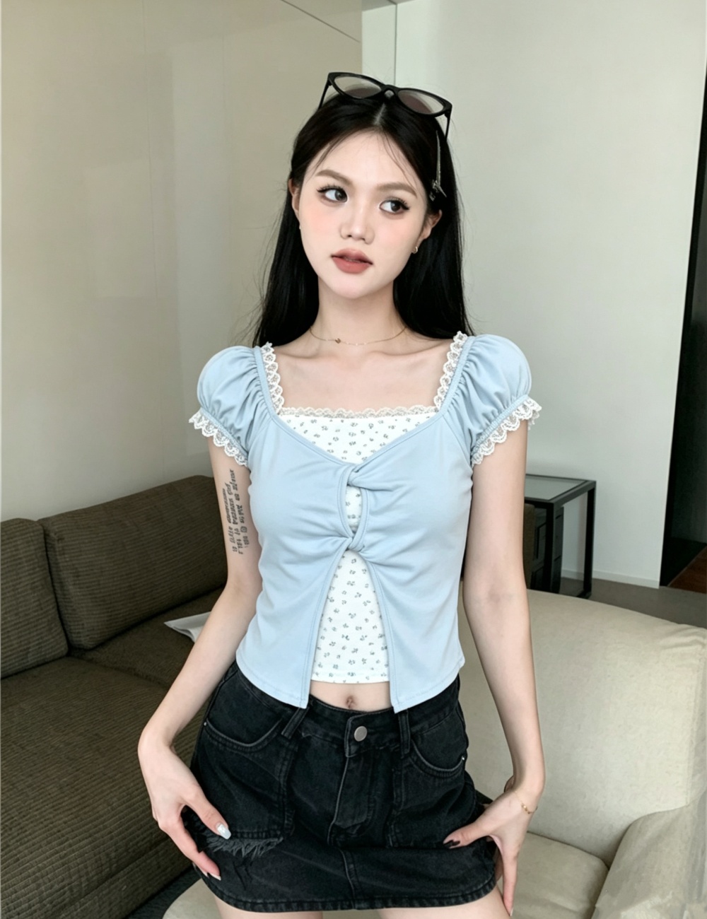 Short summer tops floral lace T-shirt for women