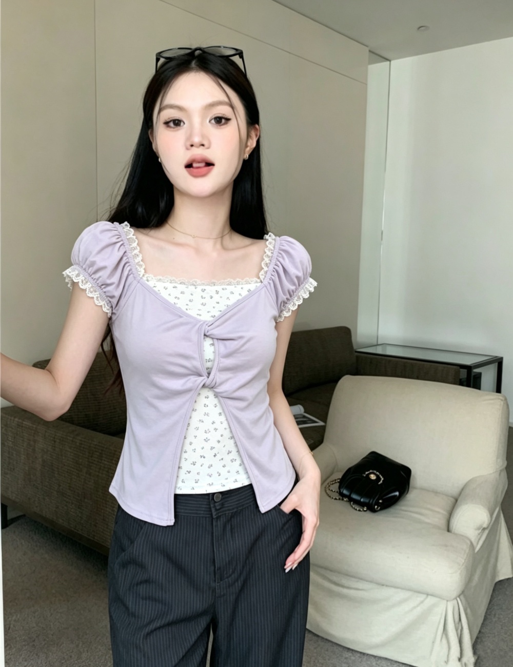 Short summer tops floral lace T-shirt for women