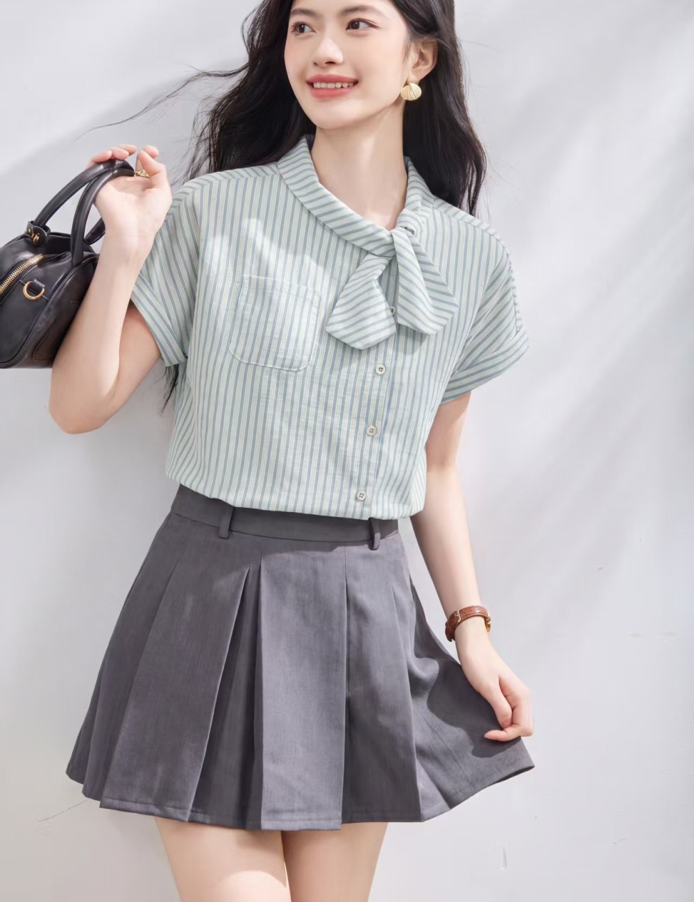 Asymmetry placket stripe small shirt retro summer shirt